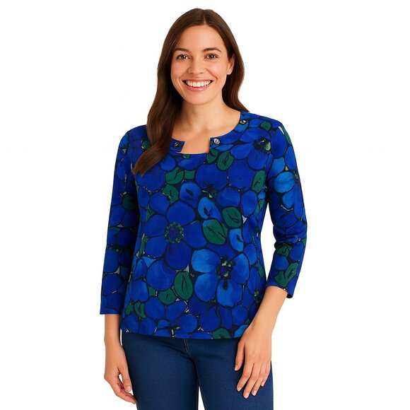 Heart Of Palm Large Blue Floral Beaded Top - Picture 2 of 7